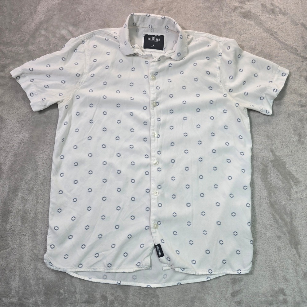 Hollister Mens White Blue Geometric Print Short Sleeve Button Down Viscose Shirt